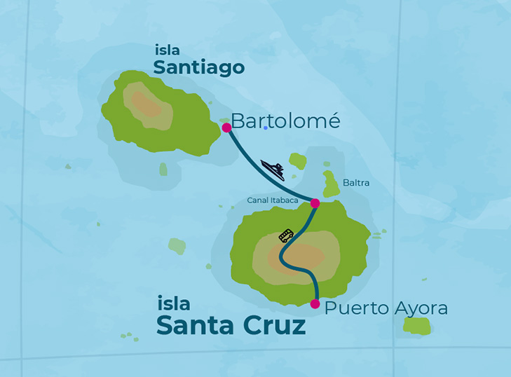 Mapa con la ruta del tour a la isla Bartolomé desde la isla Santa Cruz