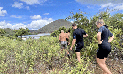 Grupo de turistas recorriendo sendero rodeado de vegetacion.