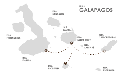 Mapa con las rutas de ferry en Galápagos.
