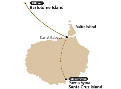 Map with the route of the tour to Bartolomé Island from Santa Cruz Island.