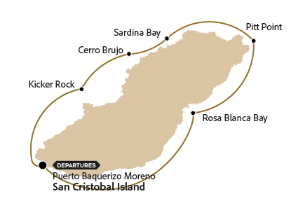 Map of the route of the 360 tour on San Cristobal Island.