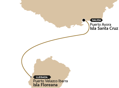 Mapa con la ruta del tour a la isla Floreana desde la isla Santa Cruz.