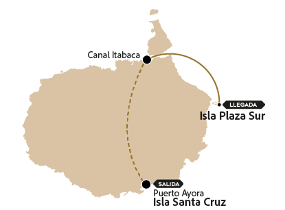 Mapa con la ruta de viaje a la isla Plaza Sur desde la isla Santa Cruz.