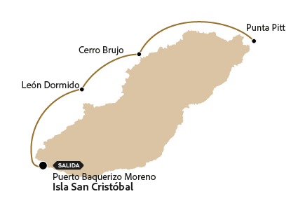 Mapa con la ruta del tour a Punta Pitt en la isla Cristóbal.