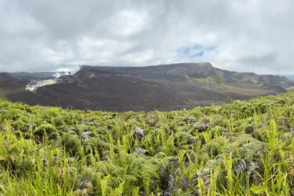 Personas caminando a las minas de azufre del volcán siera negra.