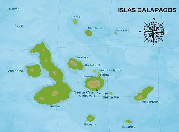 Map with the route of the tour to Santa Fe Island from Santa Cruz Island.